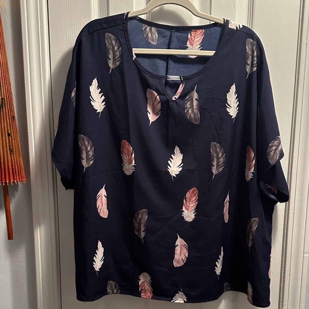 Navy Feather Print Blouse